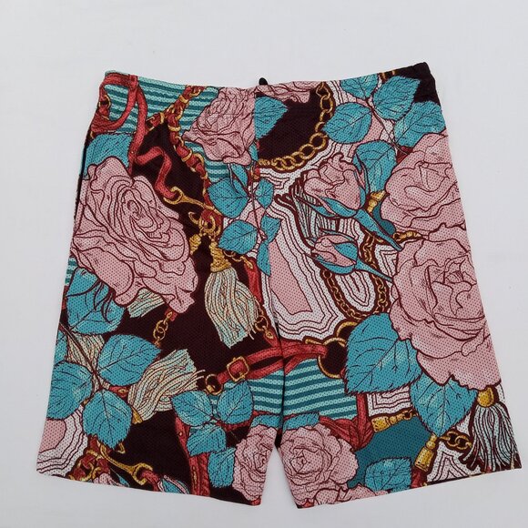 NWT Mens CROOKS & CASTLES Gym Shorts 3XL Pink Roses Turquoise Elastic Waist - Picture 2 of 14